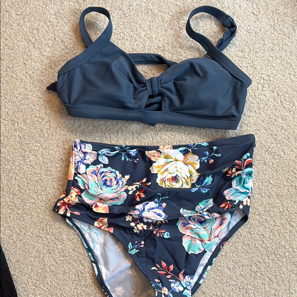Cupshe Floral Bikini Set with High-Waisted Bottoms